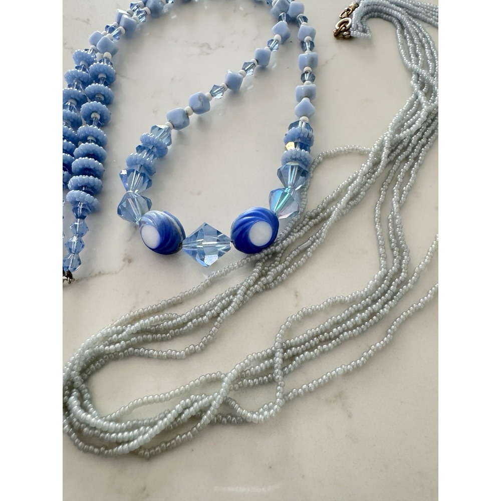 Vintage Boho Blue Jewelry Mixed Lot Necklaces Seed Glass? Bead Coastal Layered